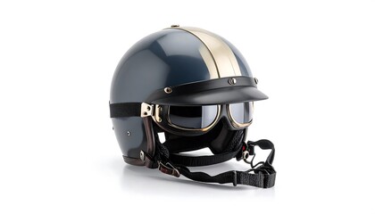 Vintage Motorcycle Helmet with Goggles on a White Studio Background.