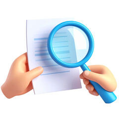 Hand holding document magnifying glass cartoon style blue white close up isolated analysis inspection review focus clarity cheerful 3D illustration business office paperwork research