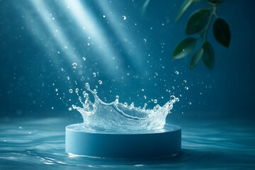 Water Splash Background with Podium in Water, Perfect Lighting, Natural 3D Product Display Scene