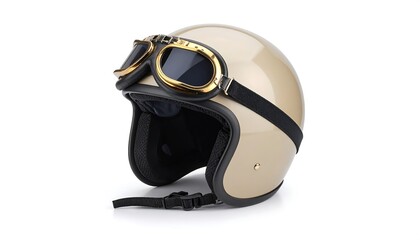 Vintage motorcycle helmet with retro aviator goggles with isolated on white background.