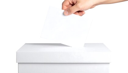 Voting Hand Casting Ballot Into Box with Election Concept on White Background.