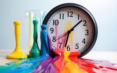 Multicolored paint trickling down clock surface, representing temporal flow with vivid hues against transparent backdrop. High quality