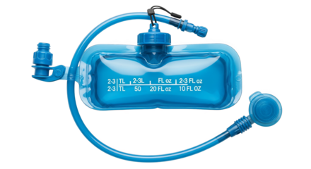 A sleek, blue hydration reservoir with tubing, designed for outdoor activity.