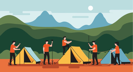 Fototapeta premium Group Of People Enjoying Outdoor Adventure Building Tents In A Mountain Landscape