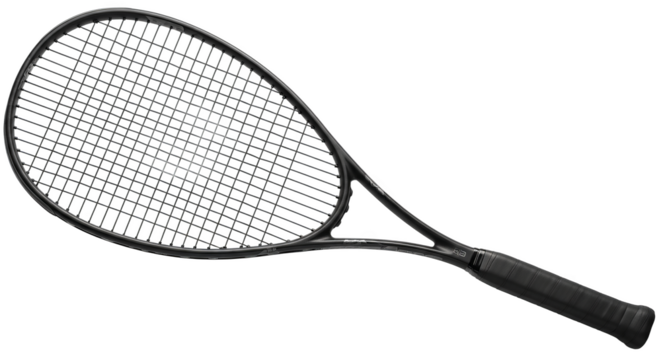 A sleek, dark tennis racket features a tightly strung mesh and wrapped handle.
