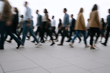 Blurred motion of diverse business professionals walking in urban environment depicting fast-paced lifestyle