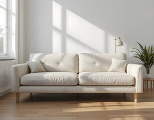 Fototapeta premium Elegant modern living room interior showcasing a comfortable cream sofa bathed in natural sunlight streaming through window