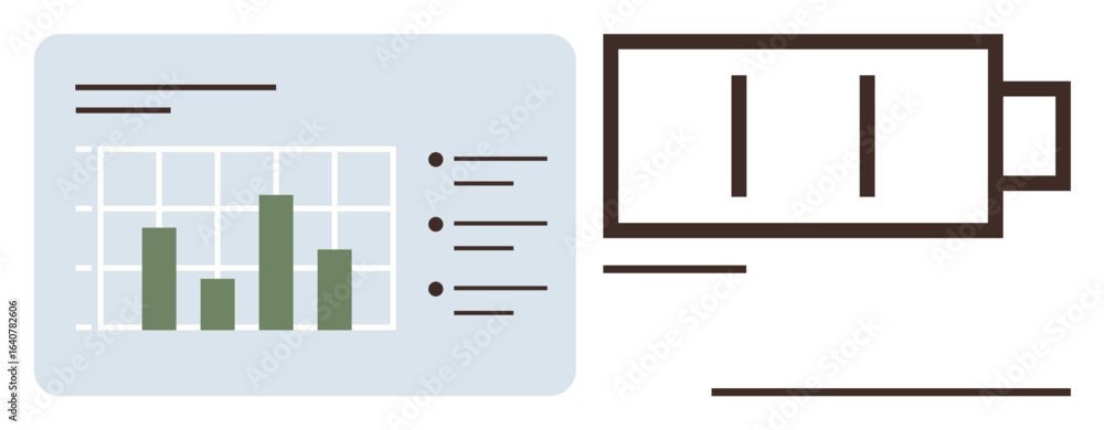 Poster bar chart on a data analysis dashboard beside a battery symbol representing energy efficiency, perfo