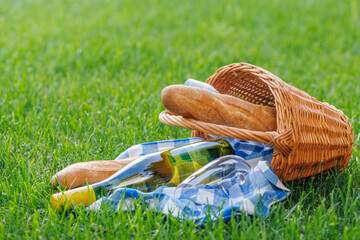 Picnic basket with wine, grapes, and baguette