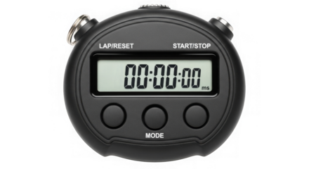 A detailed product shot showcases a digital stopwatch with elapsed time display.