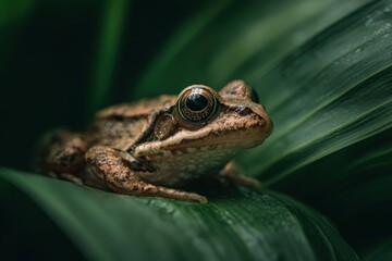 Fototapeta premium Close-up of frog sitting on green leaf, macro natural color 