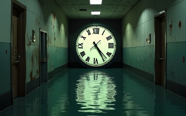 A surreal scene featuring a large clock in a flooded, abandoned corridor, reflecting time's passage in an unsettling yet intriguing environment. High quality