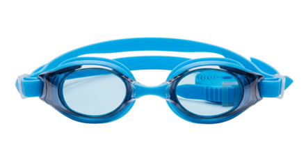 A pair of sleek blue swim goggles presented in a close up studio shot.