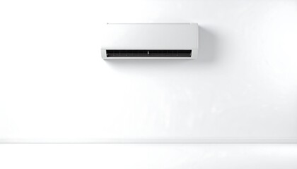 White air conditioner unit on a white wall with minimalist interior design.