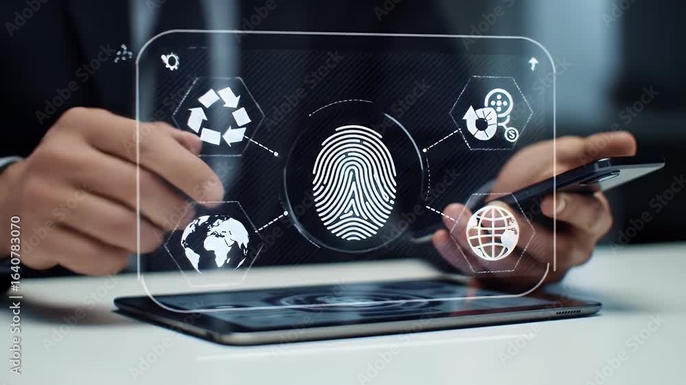 Poster person touching transparent interface on a tablet displaying fingerprint and eco icons in a white ba
