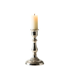 A lit ivory candle in a silver candlestick against isolated on white or a transparent background, PNG Format.