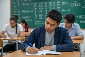 Focused student writing exam answers in classroom setting with other students studying together