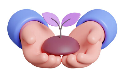 Hands holding purple seedling with two leaves, symbolizing growth, care, and environmental protection, with soft and nurturing feeling