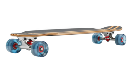 A stylish longboard featuring a laminated wood deck and transparent blue wheels.
