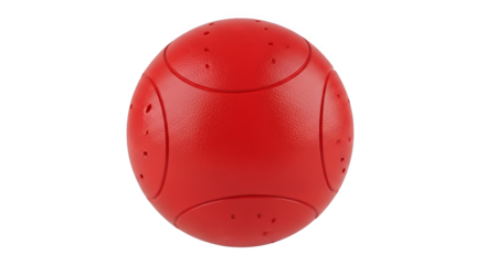 A vibrant red, textured sphere with evenly spaced dimples and recessed lines.