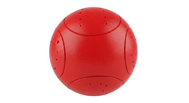A vibrant red, textured sphere with evenly spaced dimples and recessed lines.