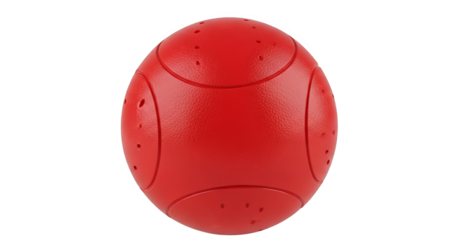 A vibrant red, textured sphere with evenly spaced dimples and recessed lines.