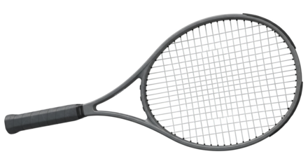 Detailed shot of a grey tennis racket with a red impact area on the strings.