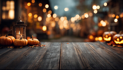 The empty black wooden table top with blur background of Halloween season. fire pumpkins on wood table, For product display ,Empty dark wood table top with blurred bright Thanksgiving background