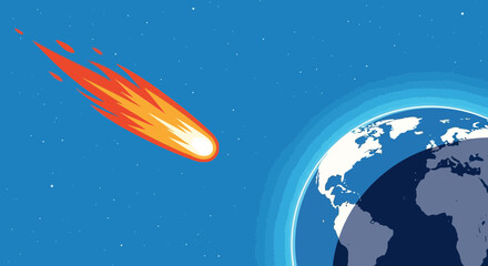 Illustration of a fiery meteor hurtling towards planet earth in deep blue space