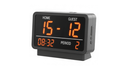 Electronic scoreboard displaying home and guest scores with time and period.