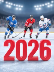 Obraz premium Frozen Future: 3D Ice Number 2026 in Hockey Arena with Players in Action under Floodlights