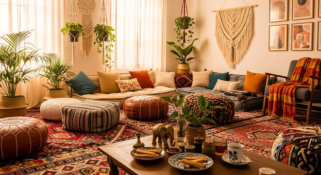 A living room filled with plants and bohemian style decor with a coffee table in the foreground - Powered by Adobe