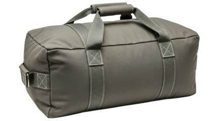 Isolated gray duffel bag with fabric texture, stitched handles, travel ready.