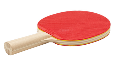 Isolated ping pong paddle displays its red rubber surface and wooden handle.
