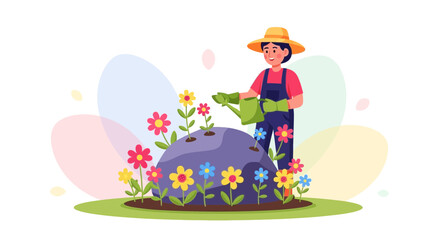 Fototapeta premium Illustration of a gardener watering flowers on a rock, symbolizing growth and care in nature