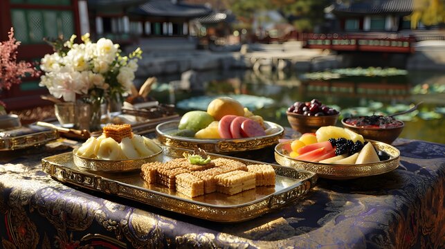 Birds eye angle of Korean royal court dessert including yakgwa honey cooky gangjeong crispy rice puff fruit slice served ornate golden platter placed atop silk cloth palace veranda overlooking lotus