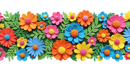 Colorful handmade plasticine flowers and green leaves isolated on transparent background