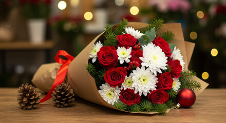 Festive bouquet with red roses and white chrysanthemums, Christmas floral arrangement