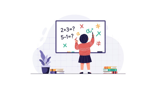 Illustration of a girl solving math problems on a whiteboard in a classroom scene