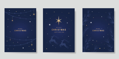 Christmas and Happy Holidays invitation card design vector. Pine leaves, star, reindeer on navy blue background. Design for Season's Greeting, Christmas, cover.