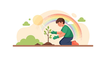 Illustration of a young man planting a tree with a rainbow in the background contributing to environmental sustainability