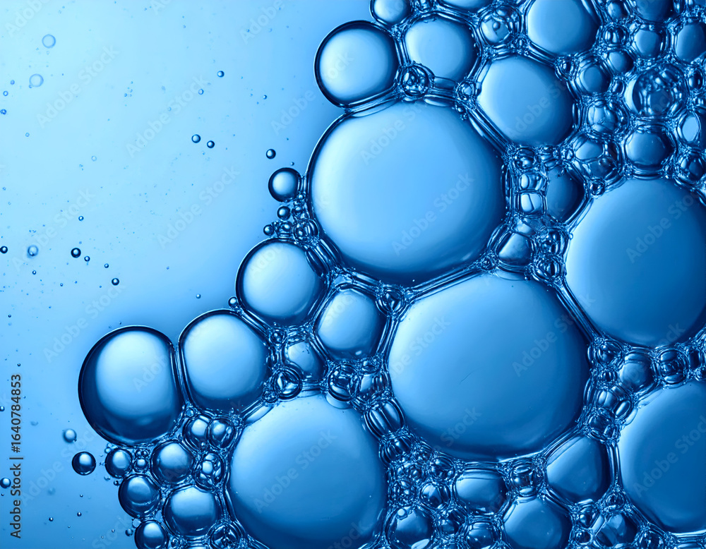Poster abstract blue bubbles macro. vibrant liquid spheres create a captivating pattern, ideal for backgrou