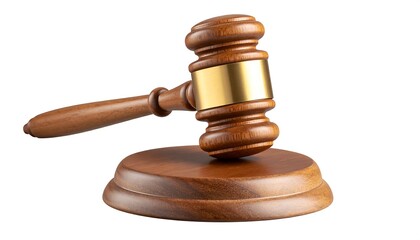 Wooden Gavel and Sound Block on White Background with Symbol of Justice.
