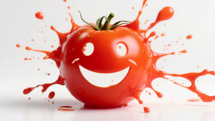 La Tomatina Juicy tomato splashing with a happy face, bursting with vibrant flavor and freshness for your culinary and marketing needs