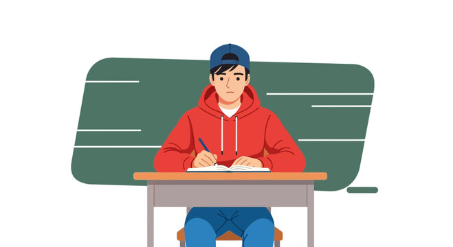 Illustration of a young student studying in class writing in a notebook on his desk with board on the back