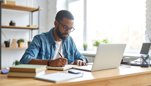 Focused Black businessman writing in notebook at modern home office desk with laptop and plants