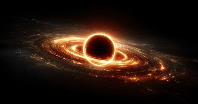 A black hole at the center of a swirling galaxy.  A dark, central void is surrounded by a fiery ring of accretion disk, with swirling, gaseous nebulae in the background