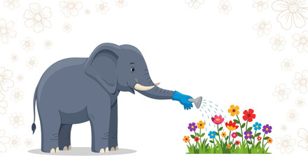 Fototapeta premium Illustration of an elephant wearing gloves and watering colorful flowers in a garden