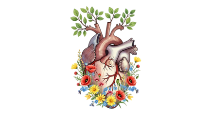 Anatomical heart with tree branches and flowers isolated on transparent background