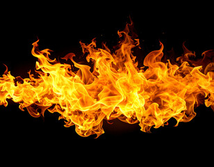 Fototapeta premium Intense orange-yellow flames isolated on a black background, perfect for adding energy, heat, or a dangerous element to any design or concept.